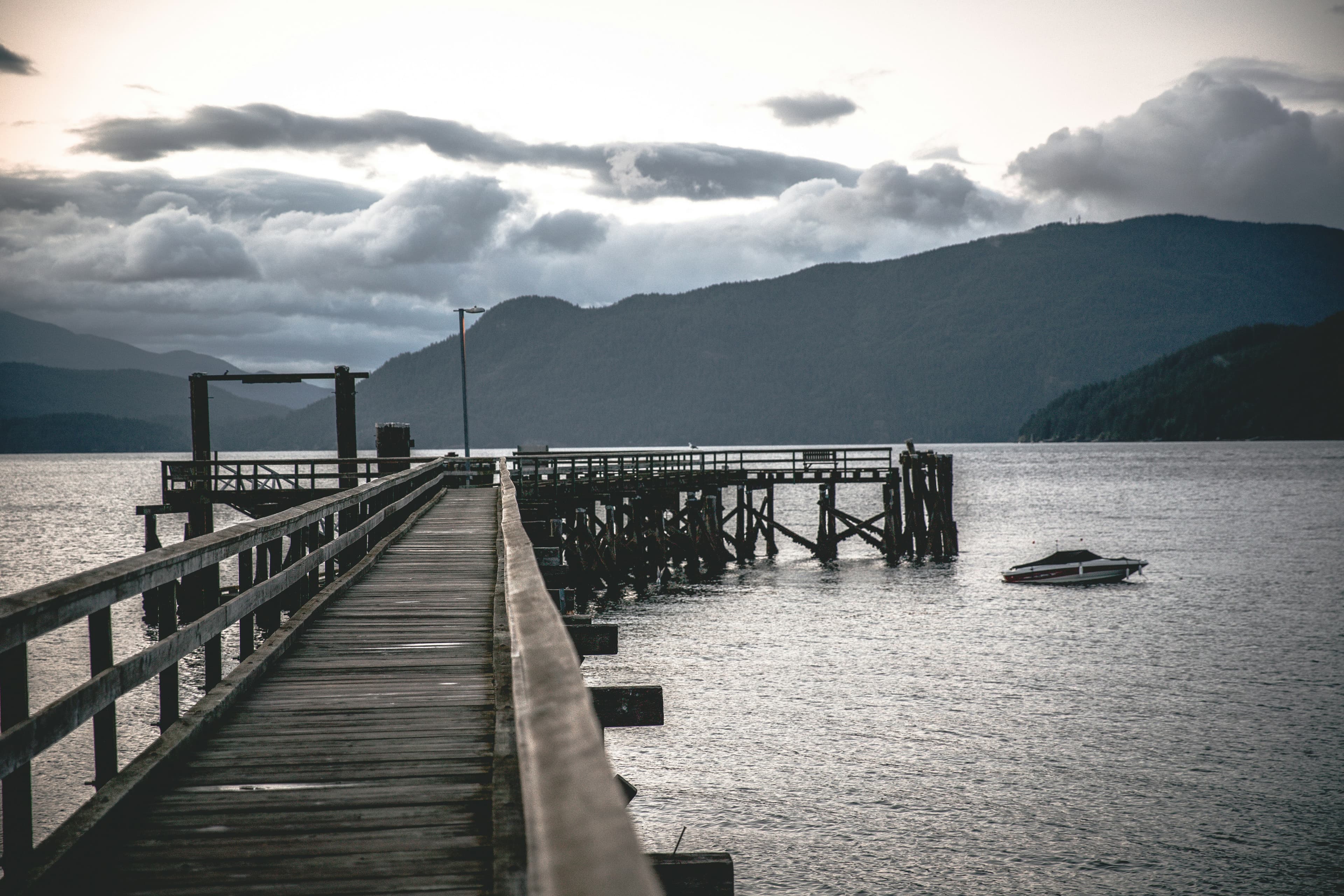 The wooden pier photograph used as the Out-of-Distribution visual grounding test input for Gemma 4 E2B.